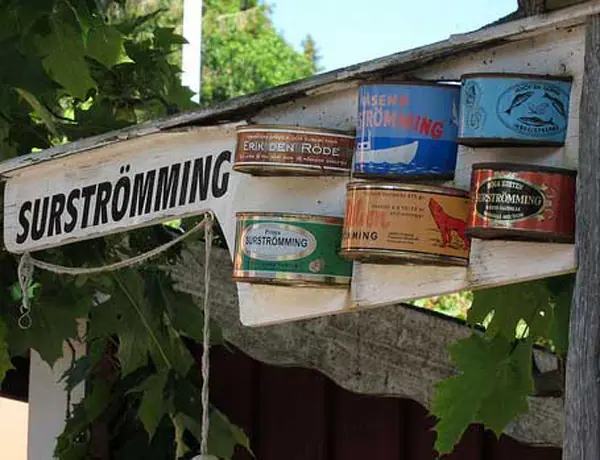 Ångermanland 4 Dosen von Surströming an eienr Wand hängend.